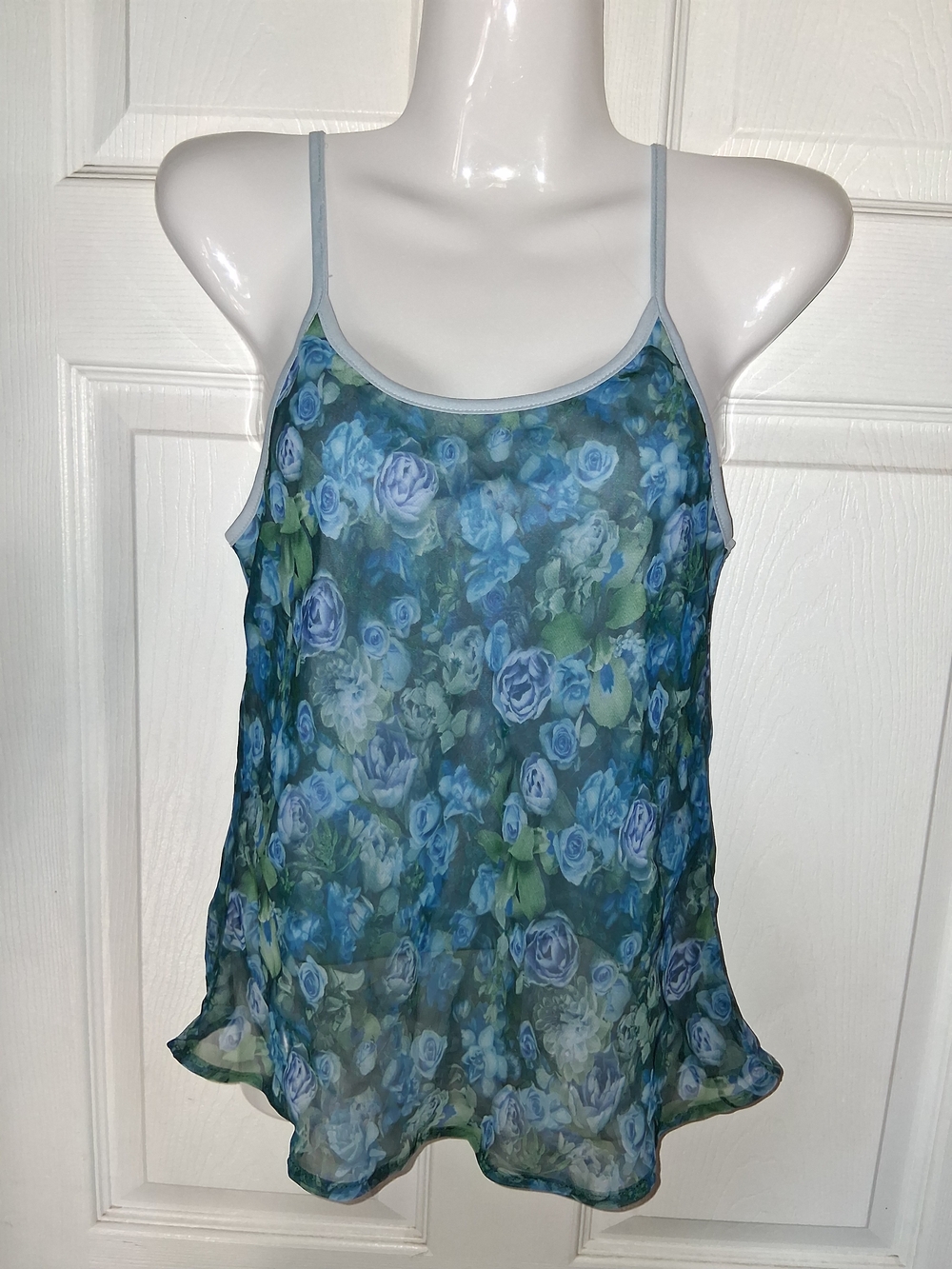 Vintage Y2k Blue Floral Sheer Spaghetti-Strap Women's Top